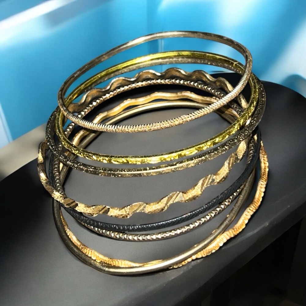 Vintage Stack of Gold and Black Odd Bangle Bracelets